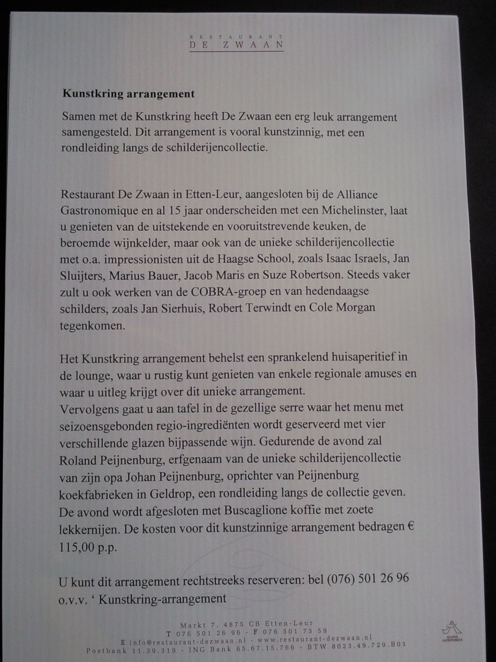 Ons Kunstkring arrangement bij De Zwaan